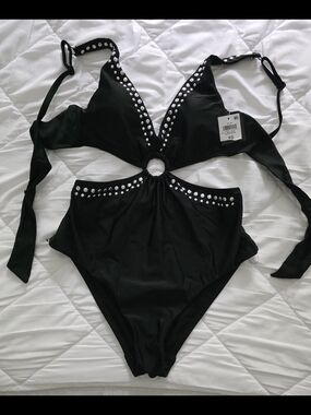 Black One-Piece Cutout Swimwear with Ring & Stud Detail